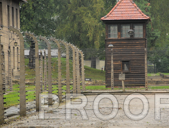 Courtyard and barbed-wire fencing at Auschwitz